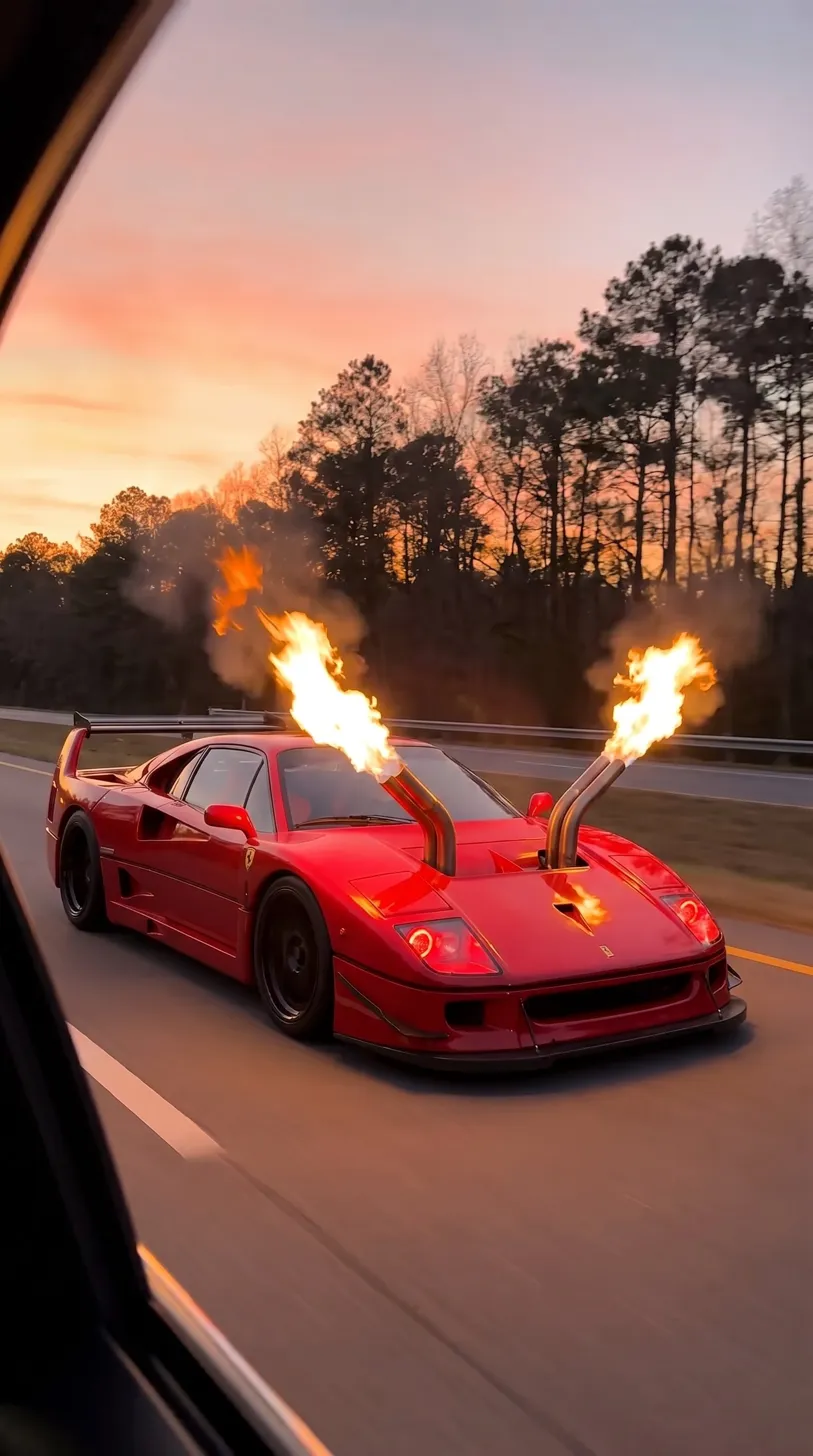 Готовый AI-кадр из гайда: Ferrari F40 на закатной трассе